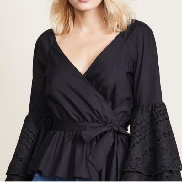 Rebecca Minkoff Melly Eyelet Bell Sleeve Wrap Top Black NWOT Boho Victorian XXS - Picture 11 of 11
